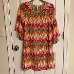 Tacera Pink Orange Chevron Pattern Lined Dress Bell Sleeves Polyester Size Large